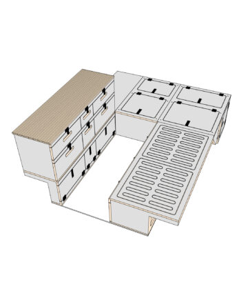 BoXplorer D110 Defender 110 SW Camper Ausbau-Modul, Modulausbau, Camper Box, Selbstausbau Set, DIY Innenausbau, Camper selbst ausbauen, Living, Hellgrau, Titelbild, Sitzbank
