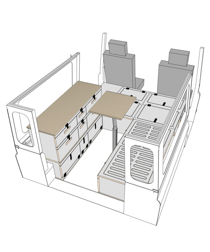 BoXplorer D110 Defender 110 SW Camper Ausbau-Modul, Modulausbau, Camper Box, Selbstausbau Set, DIY Innenausbau, Camper selbst ausbauen, Living, Hellgrau, Titelbild, Grau, Fahrzeug