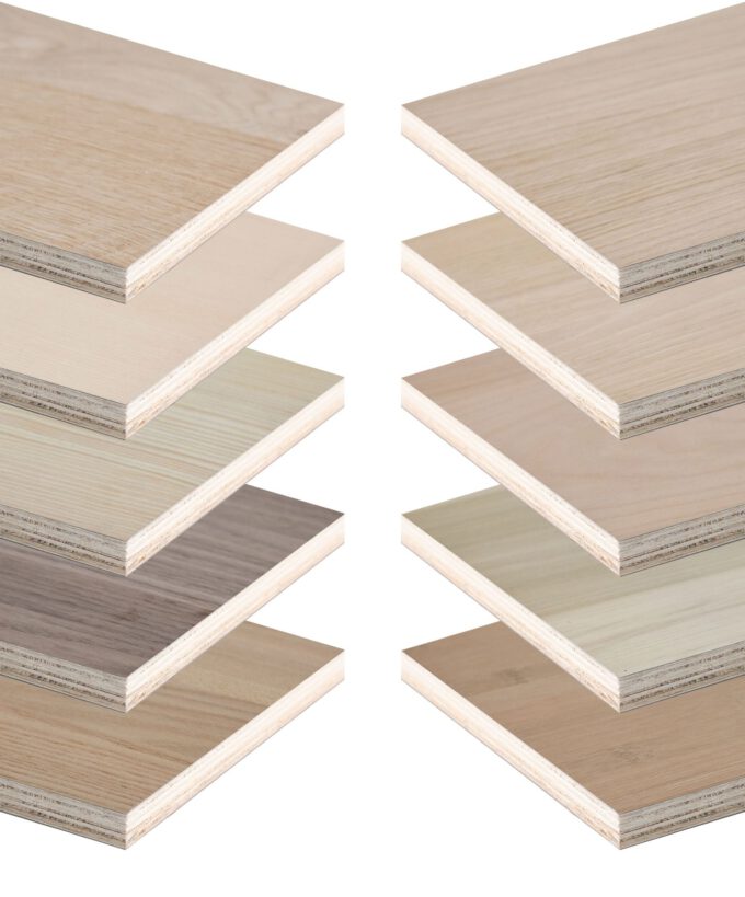 Furnierte Holzplatte, Echtholzfurnier, Multiplexplatte furniert, leicht, stabil, ideal für Van-Ausbau, Möbelbau, nachhaltig, hohe Qualität