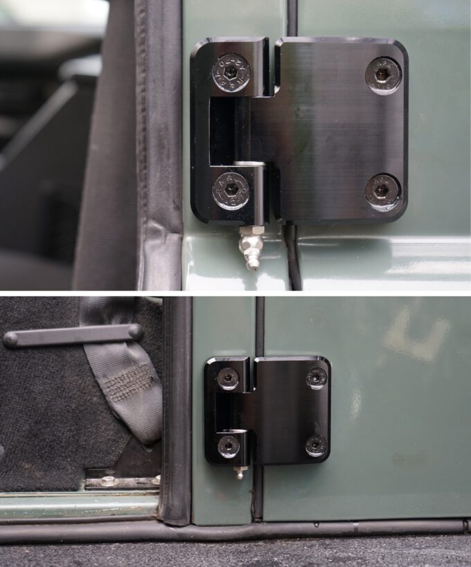 Defender Türscharniere, Defender Türscharnier, Türscharnier für Land Rover, rostfrei, UV-beständig, hochfestes Aluminium, abschmierbar, Edelstahl, Made in Germany, Montagebeispiel 3