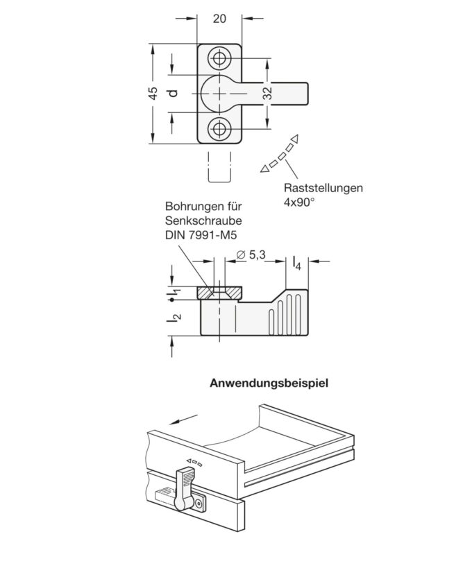 Drehriegelverschluss, Drehriegel, Drehriegel mit Anschraubflansch, Drehriegel mit Rastfunktion, Sperriegel, robust, Camper, Van, einfache Montage, Rastmechanik, langlebig, korrosionsgeschützt, technische Zeichnung