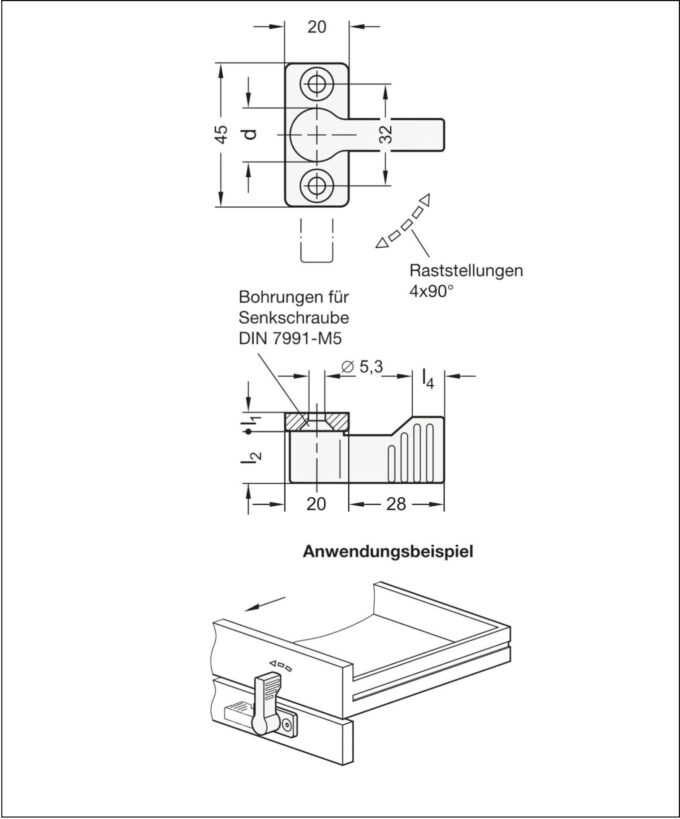 Drehriegelverschluss, Drehriegel, Drehriegel mit Anschraubflansch, Drehriegel mit Rastfunktion, Sperriegel, robust, Camper, Van, einfache Montage, Rastmechanik, langlebig, korrosionsgeschützt, technische Zeichnung
