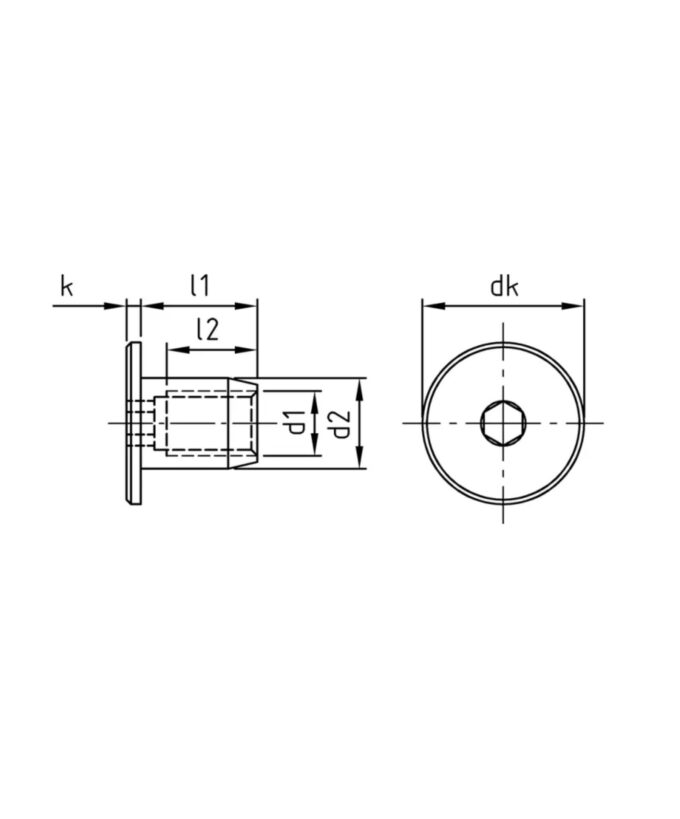 Hülsenmutter, Hülsenmuttern, Verbindung, Edelstahl, rostfrei, M5, M6, Camper, Van, Möbelbau, Flachkopf, stabil, platzsparend, Innensechskant, Zeichnung