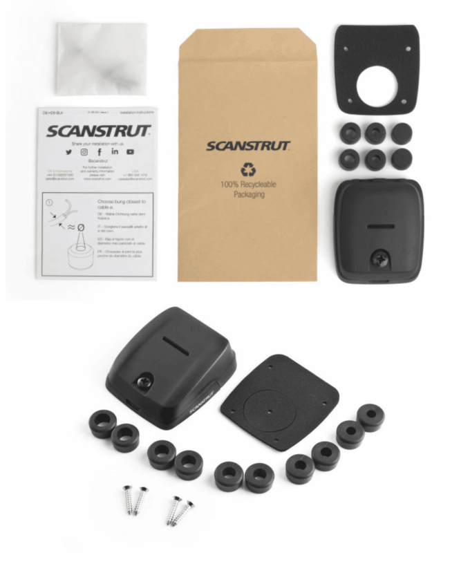 Solar Kabeldurchführung, Camper Kabeldurchführung, zweifach Kabeldurchführung, wasserdicht IP68, kompakt, UV-beständig, ohne Kleber, Scanstrut, Lieferumfang