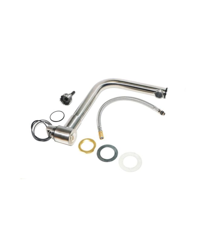 Klappbare bzw. versenkbare Kaltwasserarmatur mit Schalter für Camper & Van, aus Edelstahl, Titelbild mit Zubehör