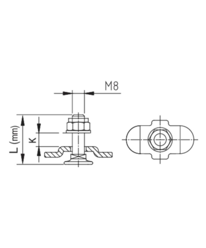 Schraubfitting für Airlineschiene, Airlinefitting mit M8-Gewinde, 0–6 mm Klemmbereich, Stahl verzinkt, Zeichnung mit Maßlinien